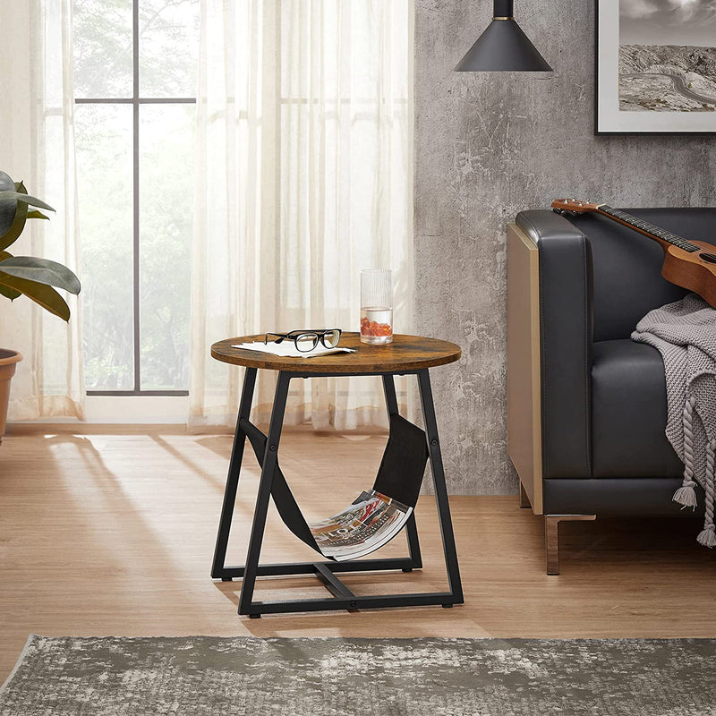 bijzettafel, ronde salontafel met opbergtas, voor woonkamer, slaapkamer, industrieel ontwerp, vintage bruin-zwart LET281B01
