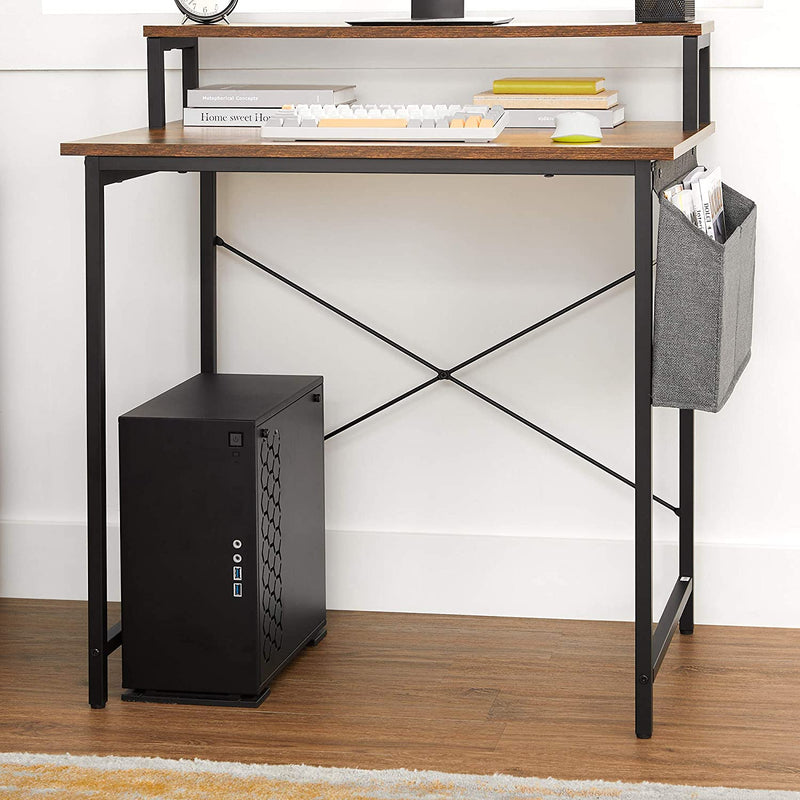 Bureau, computerbureau met monitorstandaard, opbergtas, verstelbare poten, industrieel ontwerp, 80 x 55 x 90 cm, voor thuiskantoor, vintage bruin-zwart LWD080B01