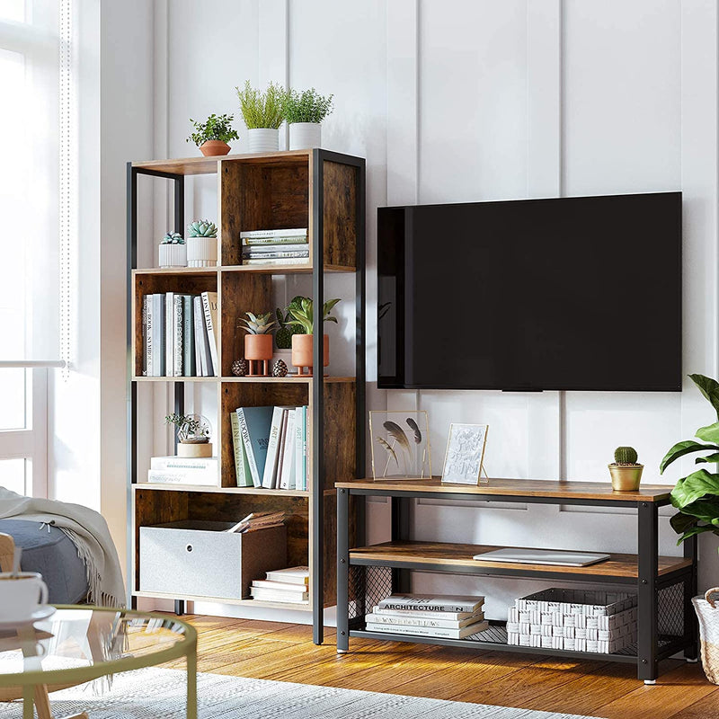 Boekenplank, boekenkast, staande plank, met stalen frame, , vintage bruin-zwart LBC027B01