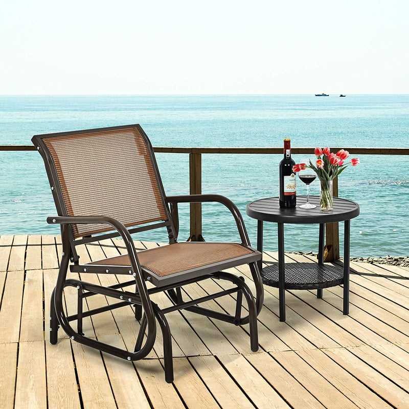 Schommel zweefstoel, Buiten schommelstoel met stevige metalen frame, Comfortabele enkele zweefstoel patio stoel voor tuin, veranda, achtertuin, zwembad, gazon (Bruin)