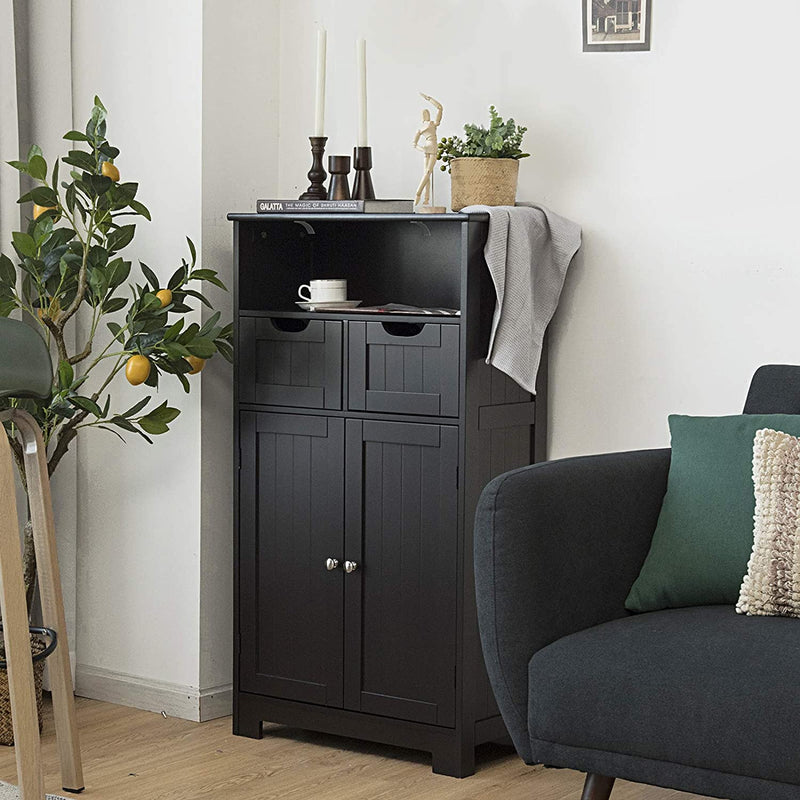 Badkamerkast vloerkast, opbergkast met een open plank, twee deuren en twee verstelbare laden, staande badkamerkast voor keuken, badkamermeubel voor woonkamer, badkamer, slaapkamer (Bruin)