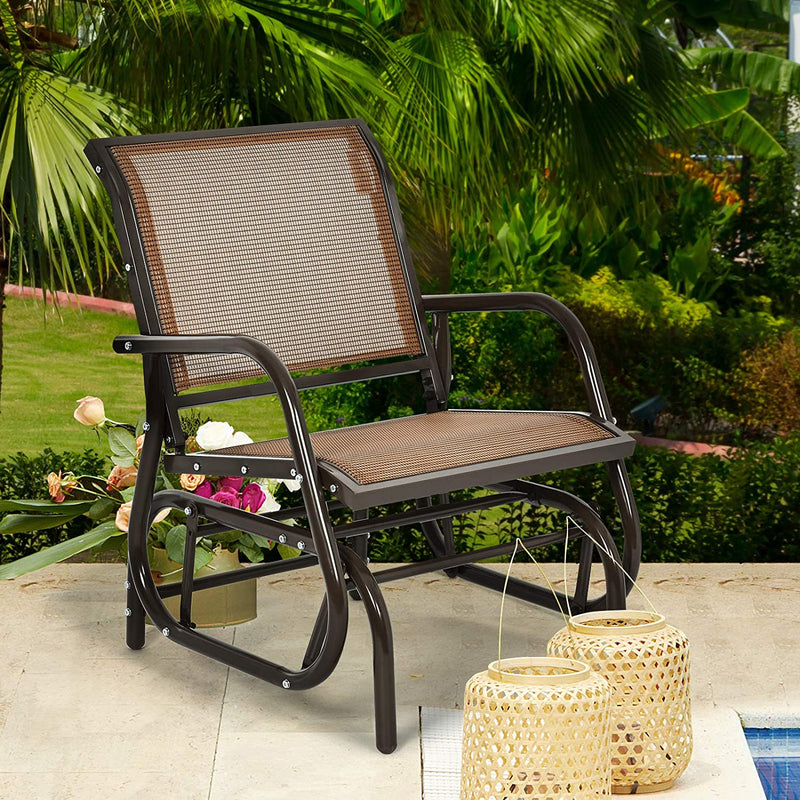 Schommel zweefstoel, Buiten schommelstoel met stevige metalen frame, Comfortabele enkele zweefstoel patio stoel voor tuin, veranda, achtertuin, zwembad, gazon (Bruin)