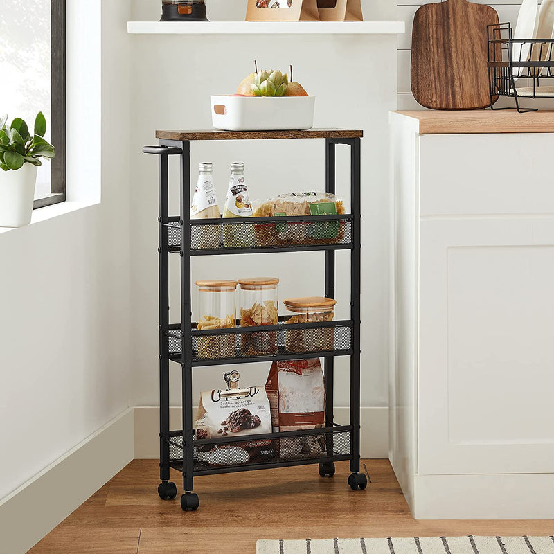 Serveerwagen, keukenrek op wielen, smal, keukenwagen, rolwagen, 360° draaibare wielen, metalen frame, voor keuken, woonkamer, thuiskantoor, vintage bruin-zwart LRC032B01