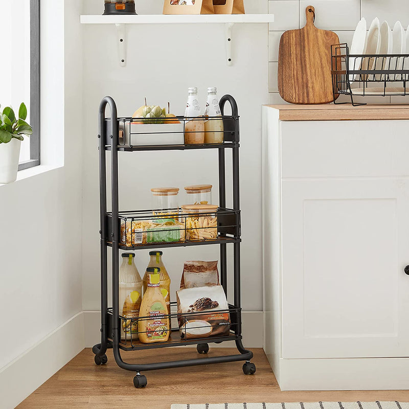 Serveerwagen, keukenwagen, keukenrek op wielen, trolley met 3 niveaus, wielen 360° draaibaar, voor keuken, eetkamer, woonkamer, werkkamer, vintage bruin-zwart LRC031B01