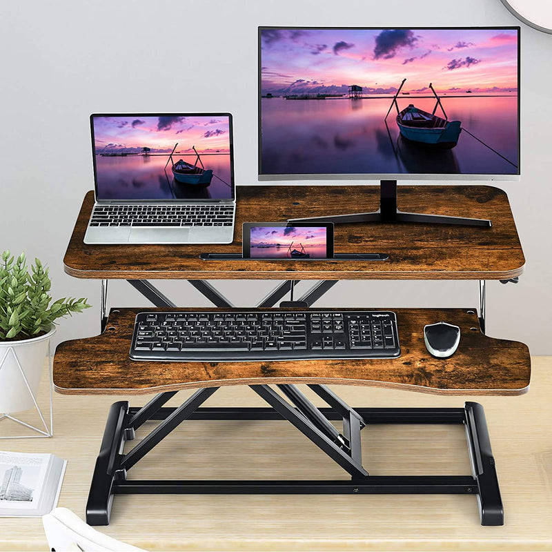Zit-sta werkstation, in hoogte verstelbare staande bureau verhoger met grote tafelblad 80 x 40cm, ergonomisch bureau, zit-sta-bureau (Bruin)