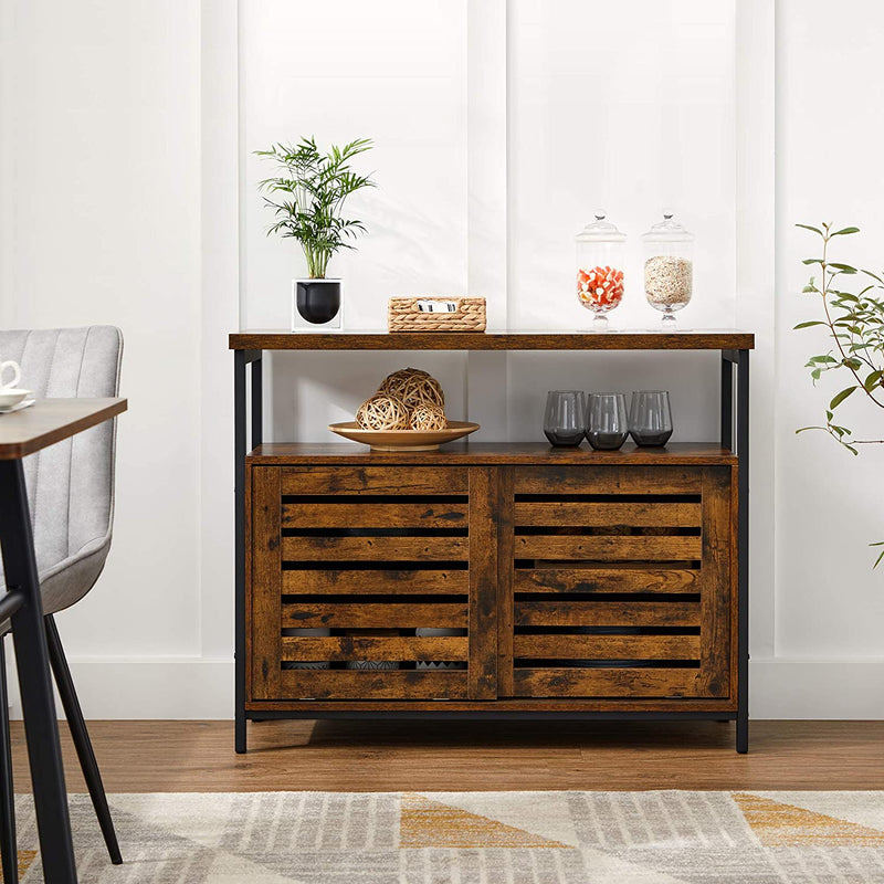 Sideboard, kast met 2 schuifdeuren, opbergkast, voor woonkamer, hal, keuken, eetkamer, stalen frame, industriële stijl, vintage bruin-zwart LSC091B01