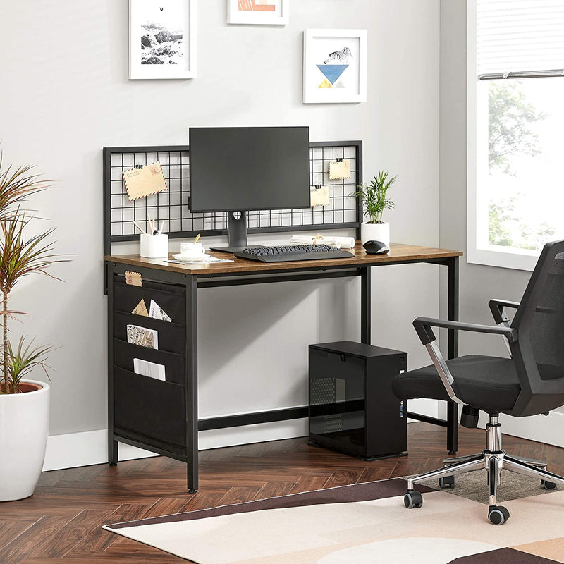 Computertafel, bureau met roosterwand, stoffen opbergvakken, voor foto's, briefpapier, industrieel, vintage bruin-zwart LWD053B01