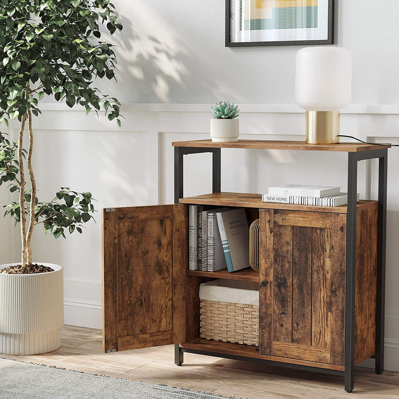 Dressoir, multifunctionele kast met deuren en verstelbare planken, voor woonkamer, slaapkamer, hal, industrieel design, vintage bruin-zwart LSC087B01