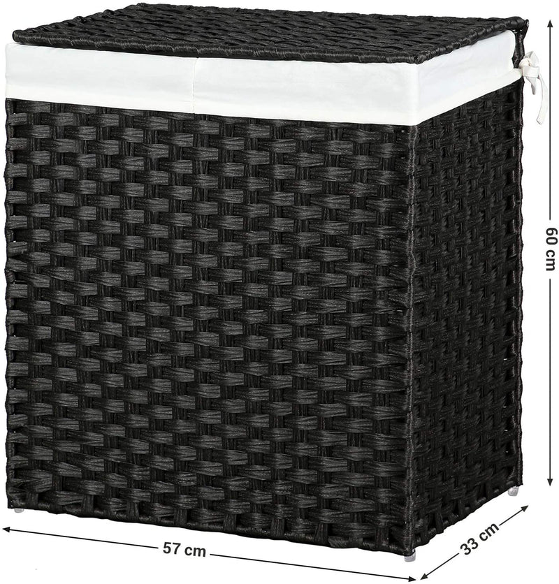 Wasmand handgeweven, synthetische rotan wasmand, met deksel en handvatten, wassorteermachine, opvouwbaar, waszak afneembaar, zwart LCB52BK