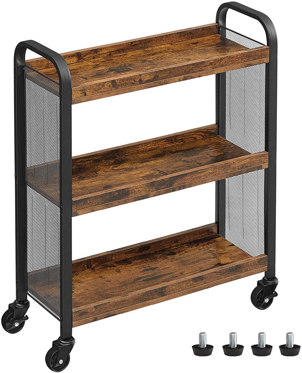 Keukenwagen, ruimtebesparende serveerwagen met universele wielen, keukenrek met verstelbare poten, stabiel metalen frame, 66 x 26 x 85 cm, industrieel design, vintage bruin-zwart LRC66BX