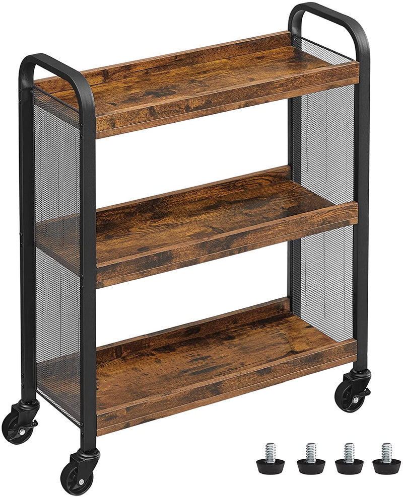 Keukenwagen, ruimtebesparende serveerwagen met universele wielen, keukenrek met verstelbare poten, stabiel metalen frame, 66 x 26 x 85 cm, industrieel design, vintage bruin-zwart LRC66BX
