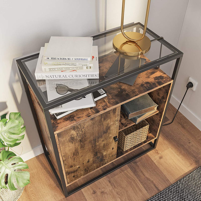 Commode, keukenkast, kast, consoletafel met glazen oppervlak, woonkamer, hal, stabiel gehard glas, eenvoudige montage, industrieel design, vintage, donkerbruin LSC12BX