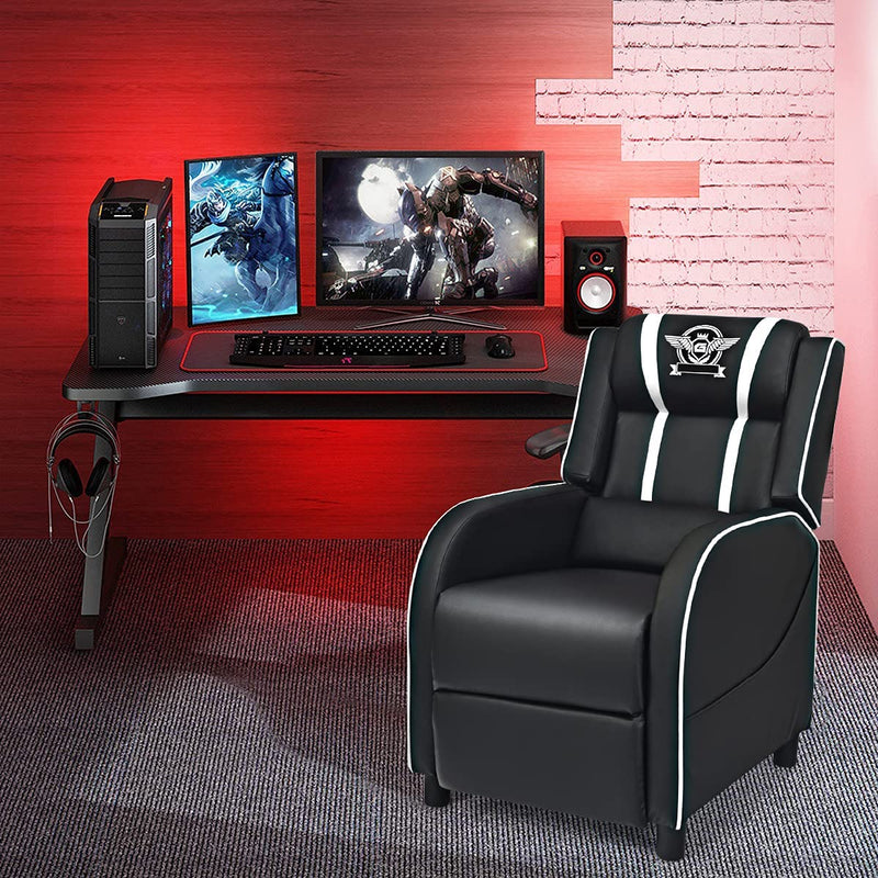 Gaming leunstoel fauteuil, PU lederen enkele leunstoel relaxstoel, verstelbare moderne woonkamer ligstoel, televisiestoel met voetsteun en lumbaal kussen, thuisbioscoop zittingen (Wit)