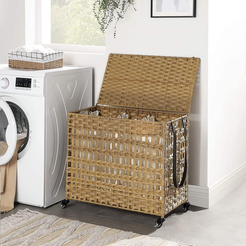 handgeweven wasmand met deksel, wasmand in rotanstijl met 3 aparte compartimenten, handgrepen,  naturel LCB083N01