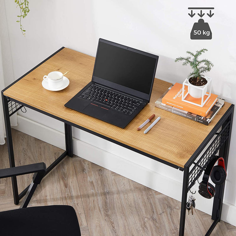 Computertafel, opklapbaar bureau met 8 haken, , honingbruin-zwart LWD042B05