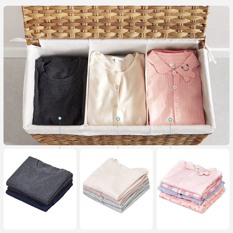 Wasmand, handgeweven, wasverzamelaar, 140 L, gemaakt van polyrattan, met 3 compartimenten, uitneembare zak, deksel, handvaten, voor woonkamer, badkamer, 66 x 33 x 60 cm, kleur naturel LCB363N01