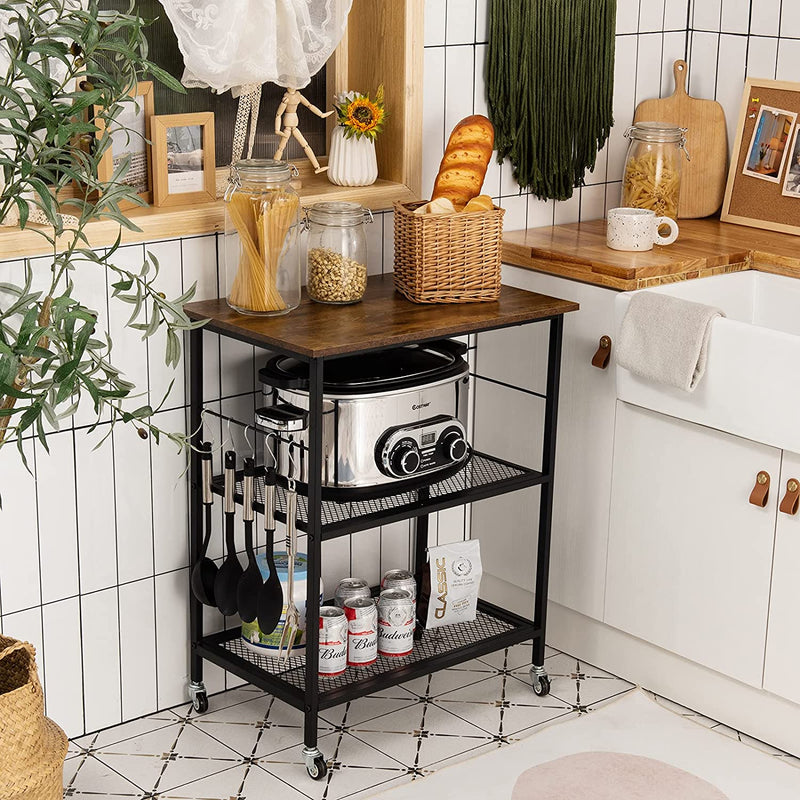 Keukenwagen serveerwagen, 3 lagen opslag keukenplank met flexibele wielen, 2 gaas planken & 5 opknoping haken, industriële vintage stijl, afsluitbare keukentrolley voor keuken, woonkamer (Koffie)
