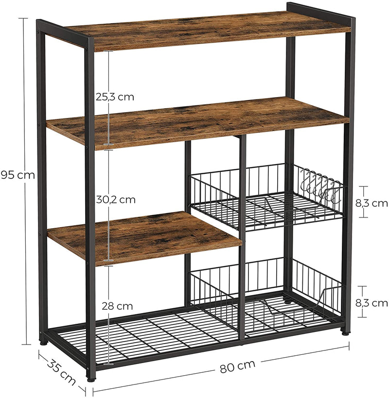 keukenplank, staande plank met 2 metalen manden, bakkersplank met haken en planken, magnetronplank, 80 x 35 x 95 cm, industrieel ontwerp, vintage, donkerbruin KKS96X