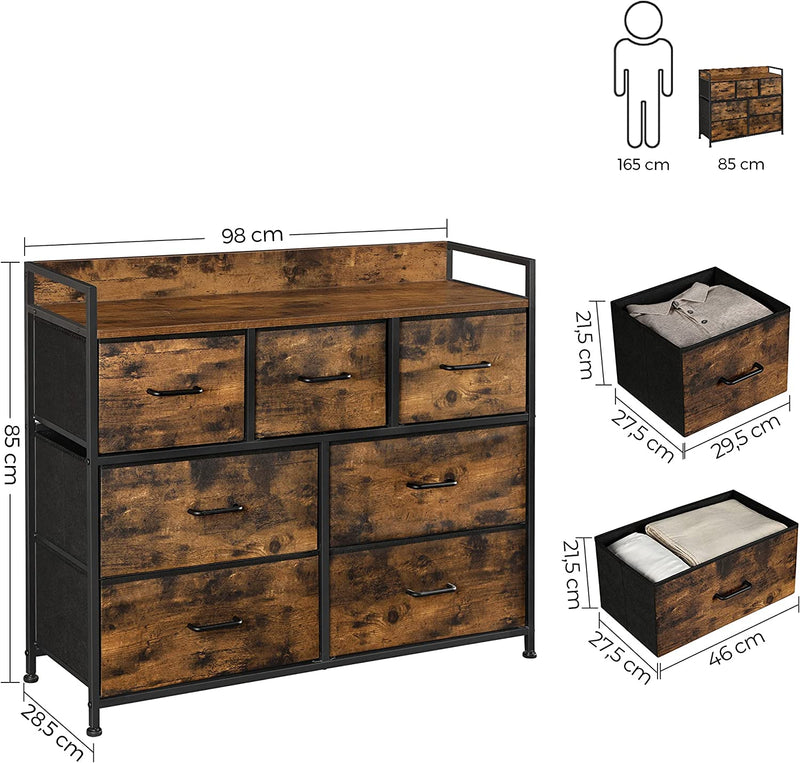 Commode, kast, 7 stoffen laden met handgrepen, metalen frame, industrieel design, vintage bruin-zwart LTS137B01
