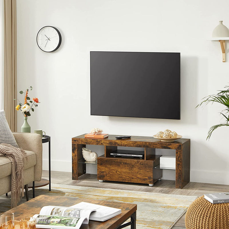 TV-meubel, TV-tafel, met lade, glazen leggers, TV-meubel, TV-plank, voor TV's tot 55 inch, vintage bruin LTV012X01