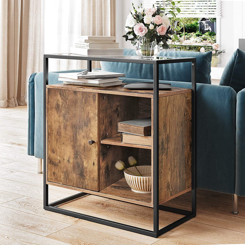 Commode, keukenkast, kast, consoletafel met glazen oppervlak, woonkamer, hal, stabiel gehard glas, eenvoudige montage, industrieel design, vintage, donkerbruin LSC12BX