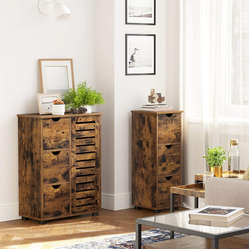 badkamerkast, dressoir, opbergkast, 3 laden, 2 verstelbare planken achter de deur, badkamermeubel, badkamer, woonkamer, keuken, gang, vintage bruin BBK143X01