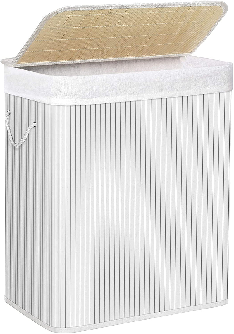 Wasmand  Bamboe Wasmand, Wasmand met Handvaten, Deksel met Clips, Opvouwbaar, Waszak verwijderbaar, Wit LCB071W01