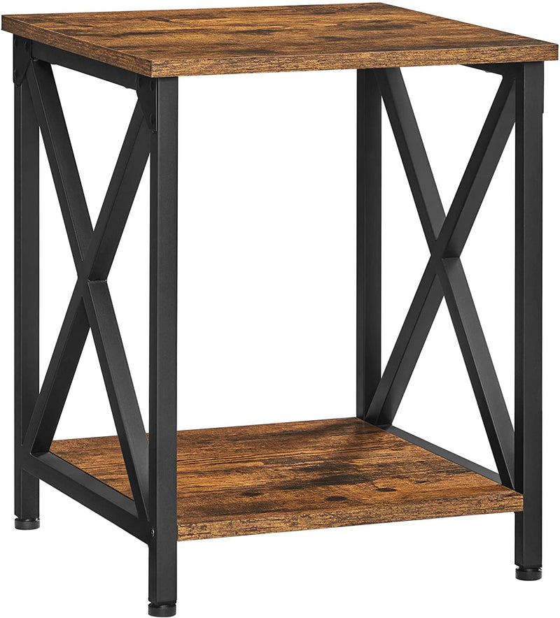 Bijzettafel, nachtkastje, X-vormige stangen, stalen frame, met 2 niveaus, 40 x 40 x 50 cm, industrieel ontwerp, vintage bruin-zwart LET277B01