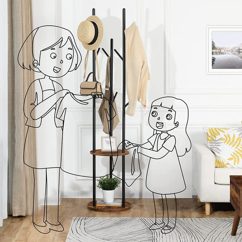 Kapstok, vrijstaand kledingrek, garderobe in boomvorm met 8 haken, 2 ronde planken, voor kleding, hoed, tas, woonkamer, slaapkamer, kantoor, donkerbruin-zwart