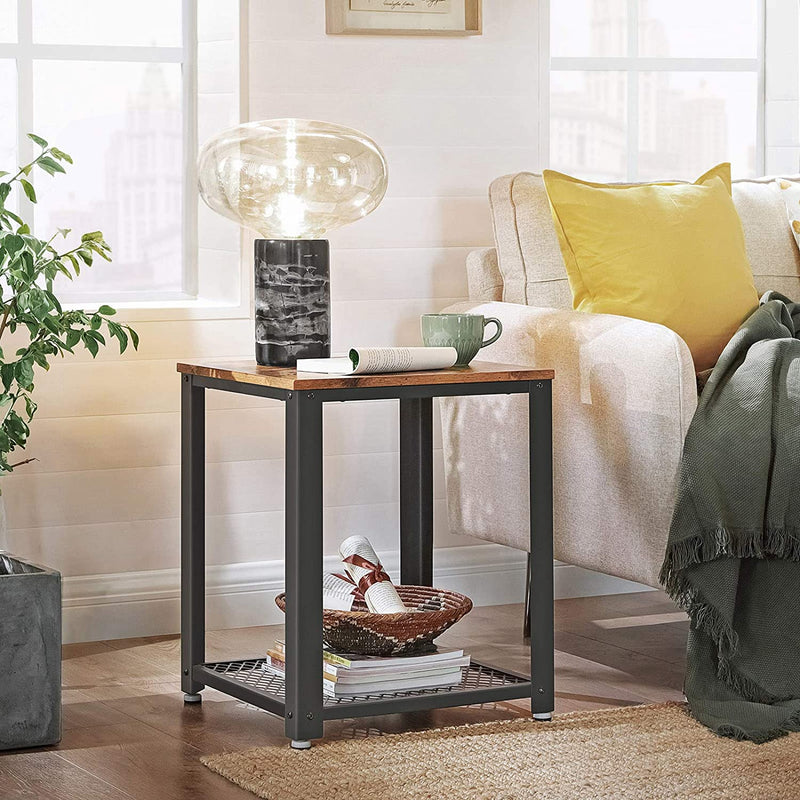 Bijzettafel , nachtkastje, salontafel met roosterrek, stabiel, met metalen frame, Donkerbruin