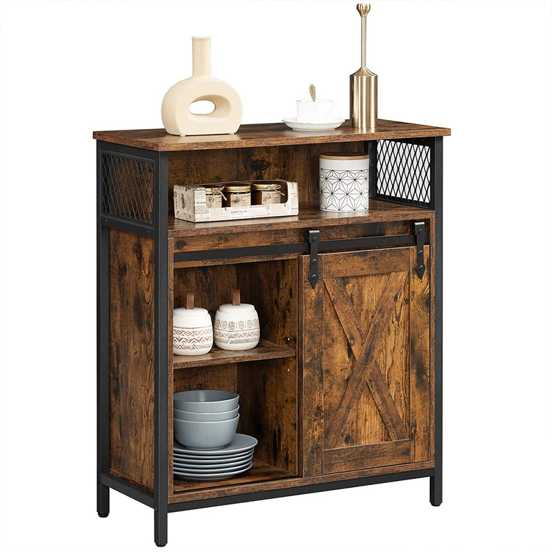 Opbergkast, keukenkast met schuifdeur, open compartiment, verstelbare plank, industrieel, voor gang, woonkamer, keuken, studeerkamer, vintage bruin-zwart LSC089B01