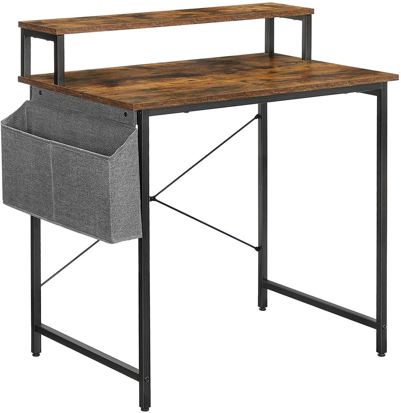 Bureau, computerbureau met monitorstandaard, opbergtas, verstelbare poten, industrieel ontwerp, 80 x 55 x 90 cm, voor thuiskantoor, vintage bruin-zwart LWD080B01