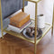 Bijzettafel, salontafel met 2 niveaus, gemaakt van gehard glas, stabiel, met metalen frame, rasterplank, voor woonkamer, slaapkamer, goudmarmeren look LGT030W01