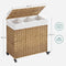 Wasmand, handgeweven, wasverzamelaar, 140 L, gemaakt van polyrattan, met 3 compartimenten, uitneembare zak, deksel, handvaten, voor woonkamer, badkamer, 66 x 33 x 60 cm, kleur naturel LCB363N01