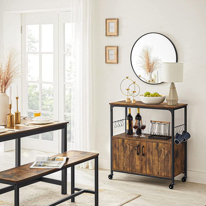 serveerwagen, keukenkast met deuren, keukentrolley, 8 haken, voor eetkamer, woonkamer, keuken, vintage bruin-zwart LSC093B01