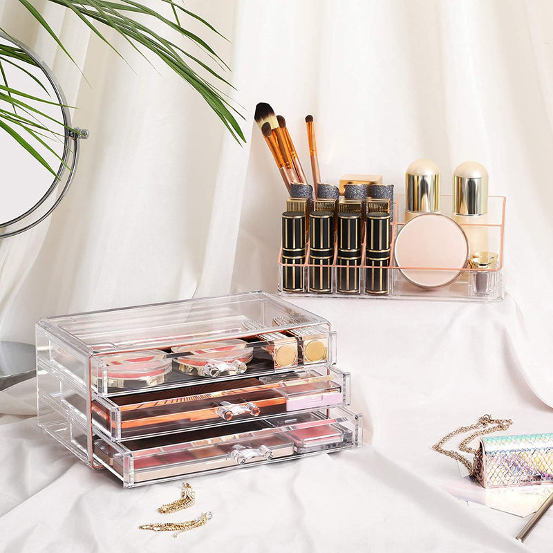 Make-up organizer, cosmetica organizer met 3 lades en 15 vakkenroségoud JKA002T01