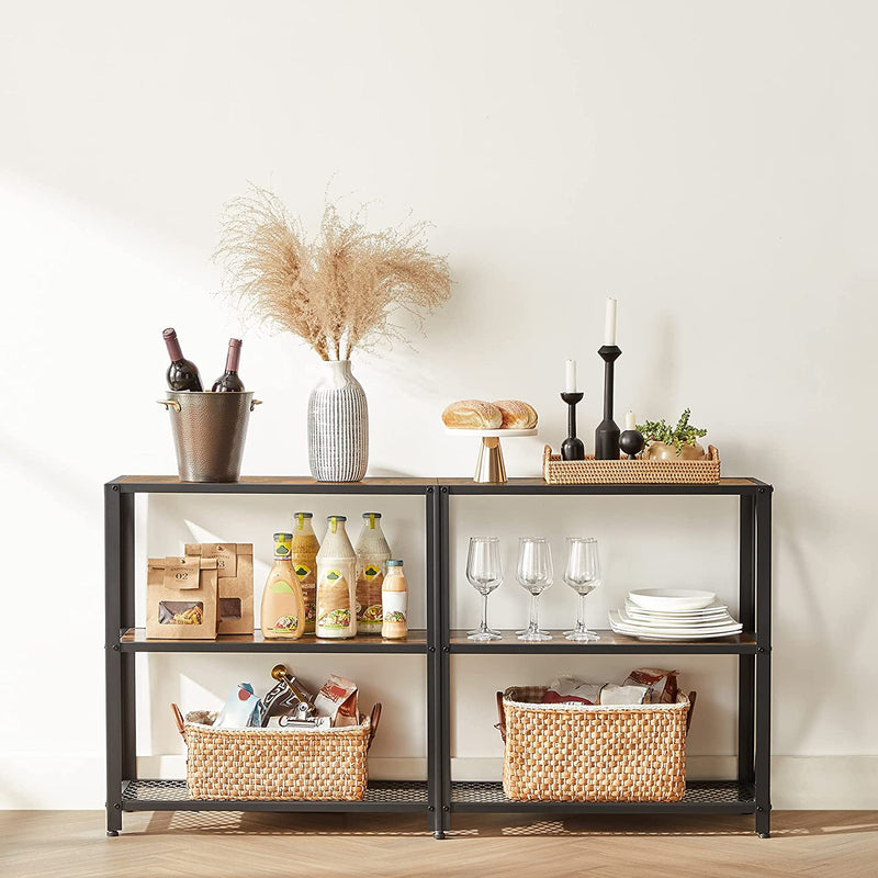 Consoletafel, smalle gangtafel met 3 niveaus, open planken, sofastafel, 140 x 30 x 75 cm, metalen frame, bijzettafel, industrieel design, woonkamer, hal, vintage bruin-zwart LNT071B01
