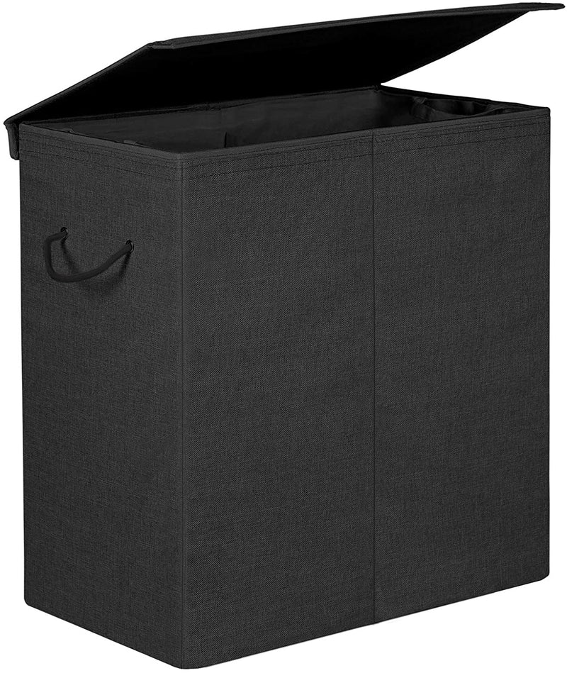 wasmand  imitatielinnen wasmand, wassorteermachine, waskist met aparte compartimenten, magnetisch deksel en handvatten, opvouwbaar, waszak afneembaar, zwart LCB02BK