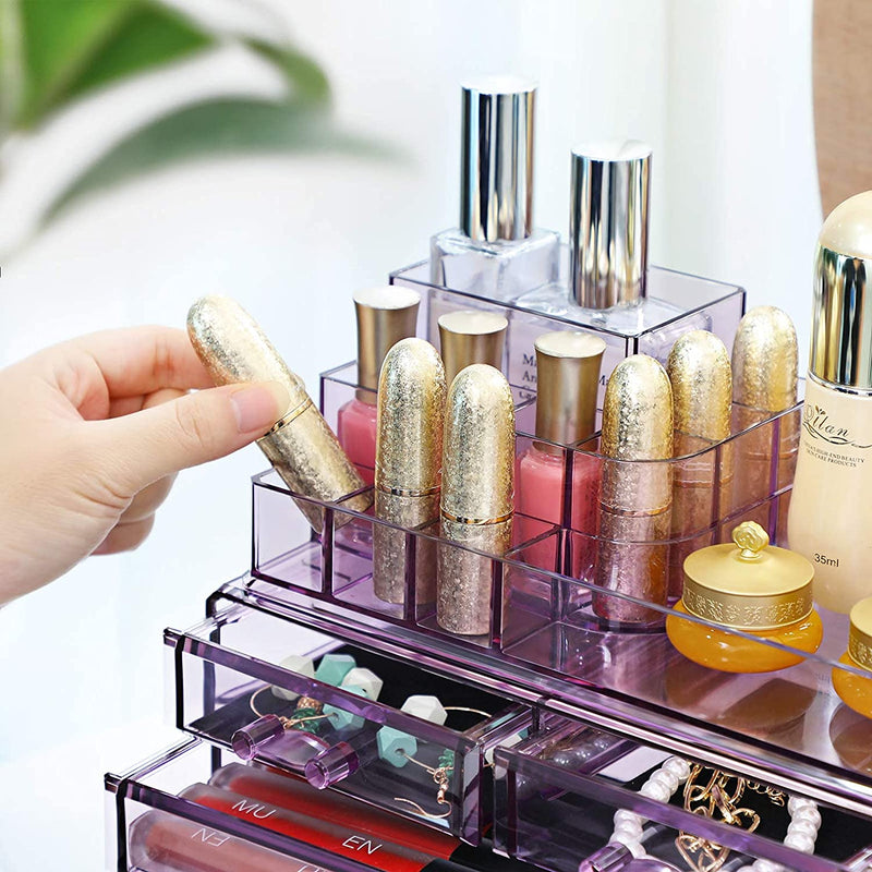Make-up Organizer, cosmetica organizer met 4 lades en 11 vakken in verschillende maten, anti-slip inzetstukken, voor make-up en sieraden, lavendel JKA001PL