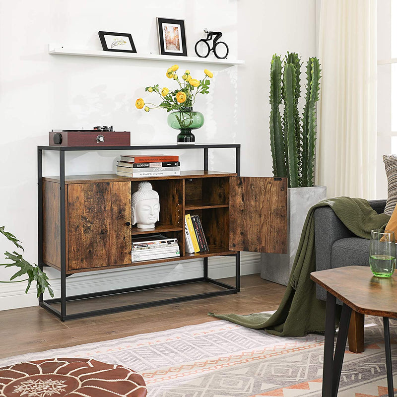 Sideboard, bijzetkast, dressoir, keukenkast met glazen oppervlak en open vakken, woonkamer, hal, stabiel stalen frame, gehard glas, industrieel design, vintage bruin-zwart LSC014B01