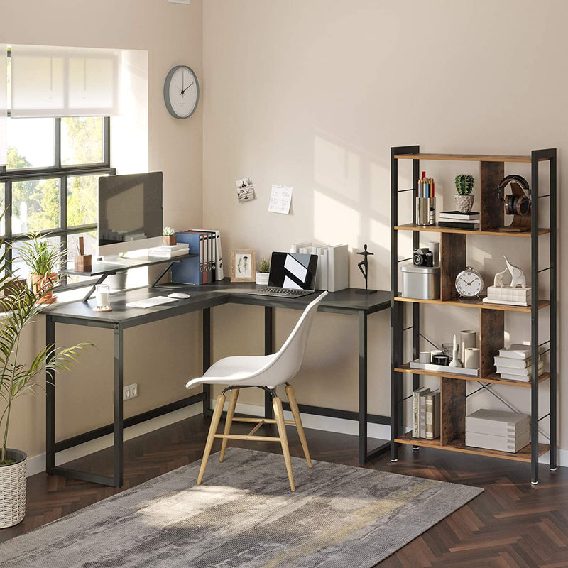 Bureau, L-vormig computerbureau met beweegbare monitorbevestiging, hoekbureau,  metaal, zwart LWD56BK