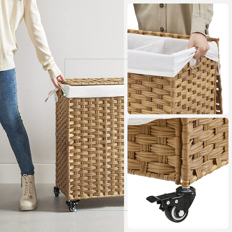 Wasmand, handgeweven, wasverzamelaar, 140 L, gemaakt van polyrattan, met 3 compartimenten, uitneembare zak, deksel, handvaten, voor woonkamer, badkamer, 66 x 33 x 60 cm, kleur naturel LCB363N01