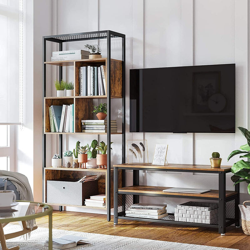Boekenplank, staande plank, opslagplank met 5 niveaus, stalen frame, industrieel ontwerp, vintage bruin-zwart