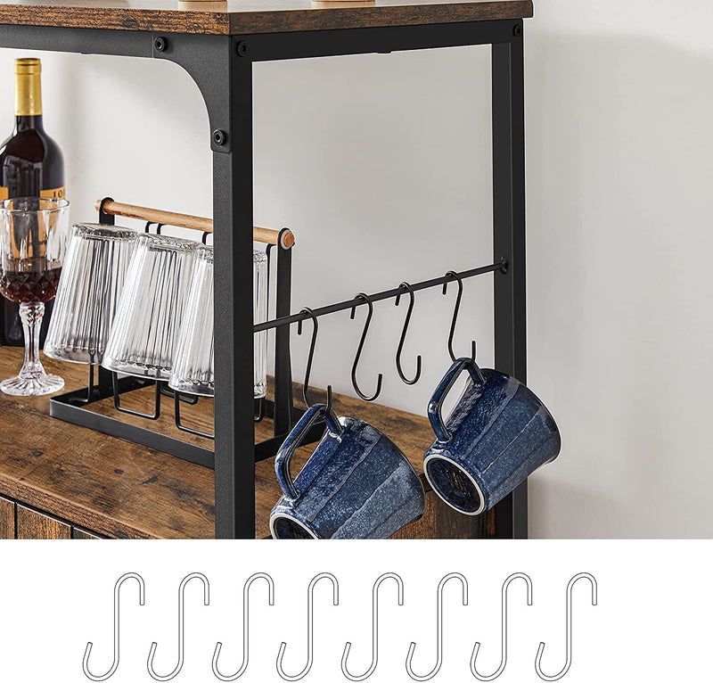 serveerwagen, keukenkast met deuren, keukentrolley, 8 haken, voor eetkamer, woonkamer, keuken, vintage bruin-zwart LSC093B01
