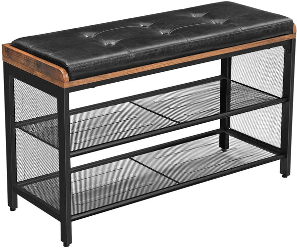 Schoenenbank, gevoerde zitbank met roosterplank, schoenenrek, 80 x 30 x 48 cm, hal, slaapkamer, metaal, ruimtebesparend, industrieel design, kunstleer, vintage-bruin-zwart LBS75X