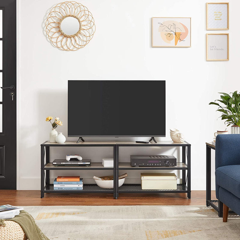 TV-meubel, TV-tafel, lowboard voor TV's tot 60 inch, TV-meubel met planken, stalen frame, , Grijs-black LTV094B02