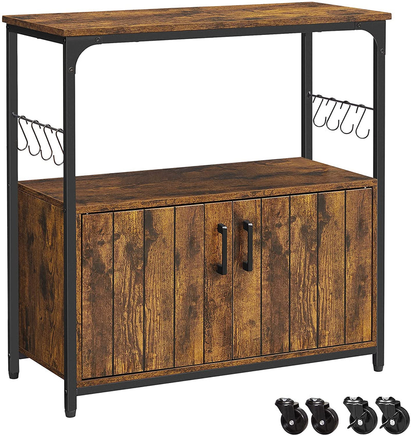 serveerwagen, keukenkast met deuren, keukentrolley, 8 haken, voor eetkamer, woonkamer, keuken, vintage bruin-zwart LSC093B01