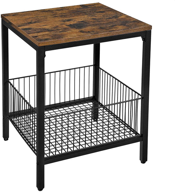 bijzettafel, nachtkastje, kleine banktafel met draadmand, slaapkamer, woonkamer, veel opbergruimte, gemakkelijk te monteren, stabiel, industriële stijl, vintage bruin-zwart LET35BX