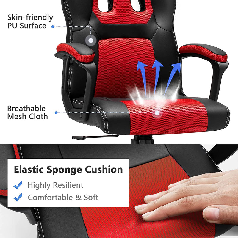 PC gamingstoel, ergonomische computer stoel met rugleuning,  bureaustoel met in hoogte verstelbare zitting, (Rood)