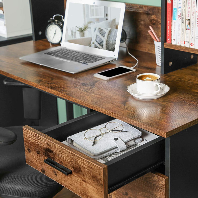 Bureau, computerbureau met schapindeling, bureau met kast en lade, , vintage bruin-zwart LWD65X